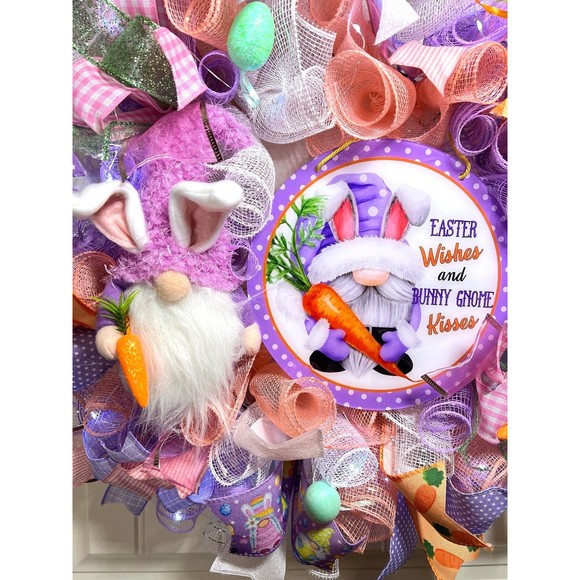 Handmade Easter Bunny Gnome Kisses Prelit Ribbon Wreath 22 in LED W13 - Picture 4 of 11